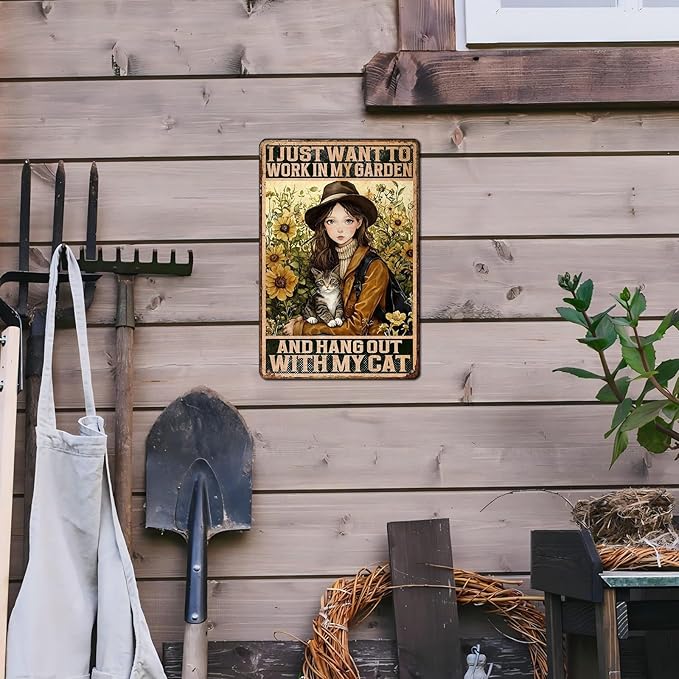 Cat Garden Vintage Tin Sign I Just Want To Work In My Garden and Hang Out With My Cat Retro Metal Tin Sign Sunflower Decor for Home Fence Porch Room Wall Decor Poster 12 * 8inch
