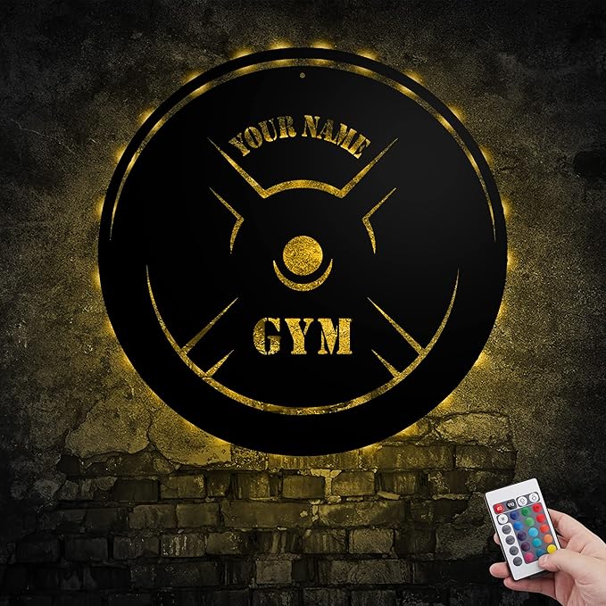 Personalized Home Gym LED Tin Metal Sign Multiple Sizes, Gym Sign Wall Decor, Exercise Workout Room Decor Fitness Center, Motivational Inspirational Hanging Wall Art Wall Plaque (05 w/lights)