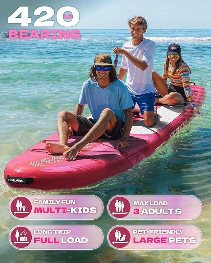 Feelfire11'x34โ Extra Wide Inflatable Paddleboard, Stand-up Paddle Board for Adults, 420lb Capacity for Yoga/Fishing/Family, EVA Deck, US Fin, High-Pressure Pump, Storage Backpack, Safety Leash