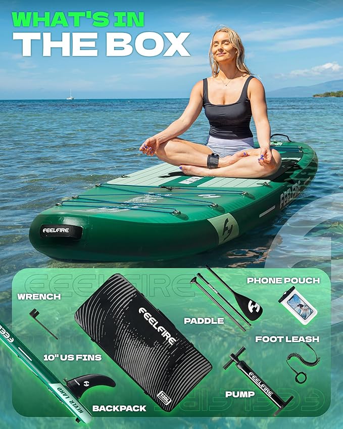 Feelfire11'x34โ Extra Wide Inflatable Paddleboard, Stand-up Paddle Board for Adults, 420lb Capacity for Yoga/Fishing/Family, EVA Deck, US Fin, High-Pressure Pump, Storage Backpack, Safety Leash