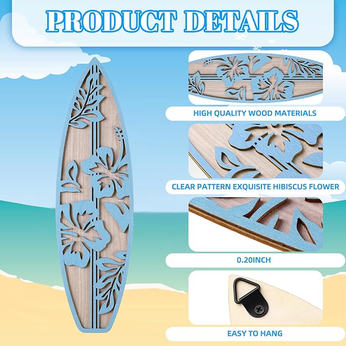RattanView 3 Pieces Hibiscus Surfboard Decor for Bedroom Wooden Beach Wall Decor Summer Wood Surfboard Wall Hanging Sign for Tropical Living Room Decoration (Blue)