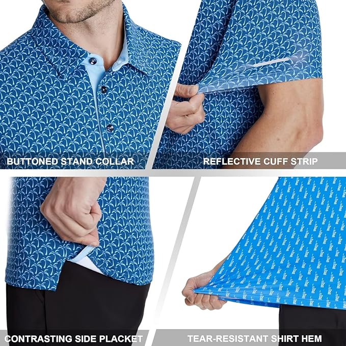 Golf Shirts for Men - Moisture Wicking Short Sleeve Performance Sport Casual Striped Collared Mens Polo Shirt