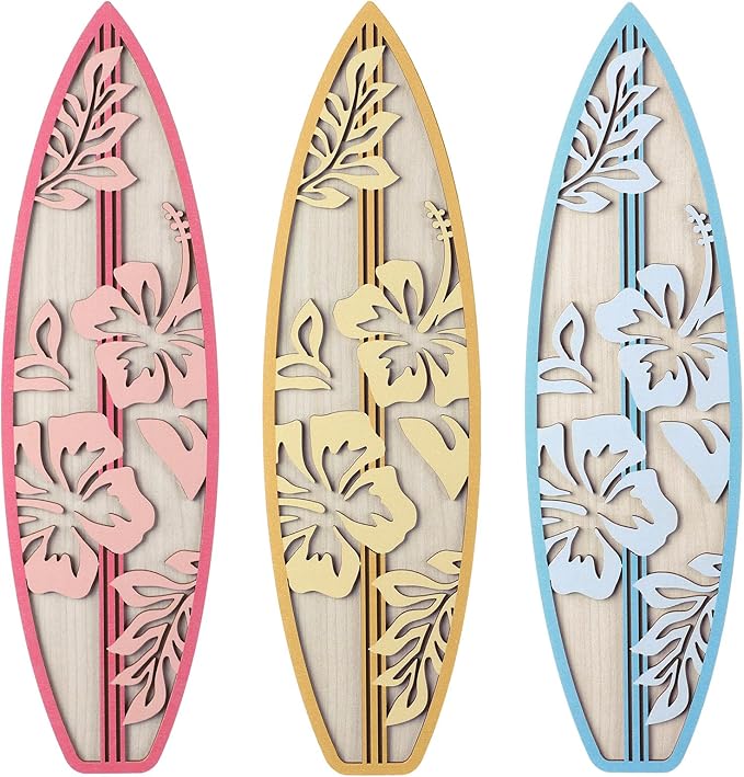 RattanView 3 Pieces Hibiscus Surfboard Decor for Bedroom Wooden Beach Wall Decor Summer Wood Surfboard Wall Hanging Sign for Tropical Living Room Decoration(Yellow, Blue, Pink)