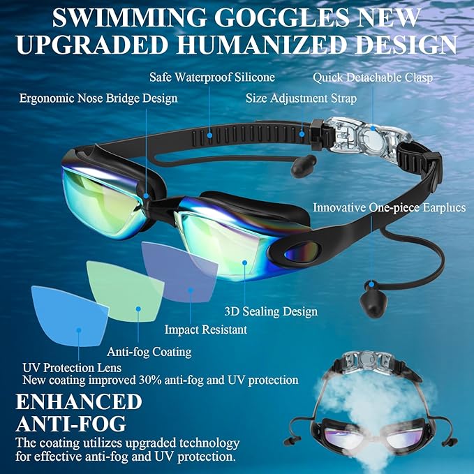 Swim Goggles,Swimming Goggles No Leaking Anti Fog UV Full Protection with Nose Clip Earplugs,Swim Pool Goggles for Adult Men Women Youth