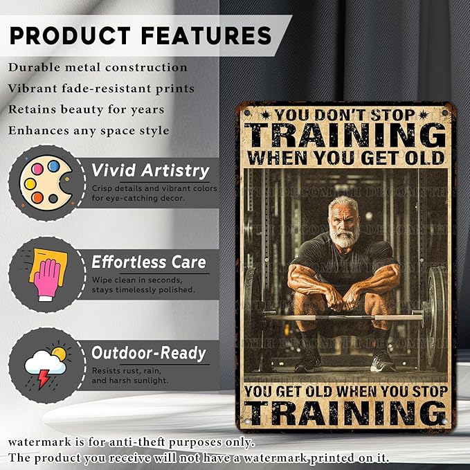 Vintage Gym Training Metal Tin Sign You Don’t Stop Training When You Get Old Wall Art Decor For Bodybuilder Funny Wall Art Home Kitchen Gym Boxing Club Fitness 12 * 8inch