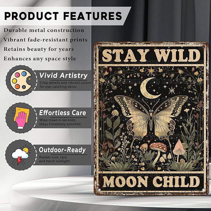 Vintage Tin Sign Butterfly Stay Wild Moon Tin Sign Retro Wall Decor for Home Office Room Wall Decor Poster 12 * 16inch