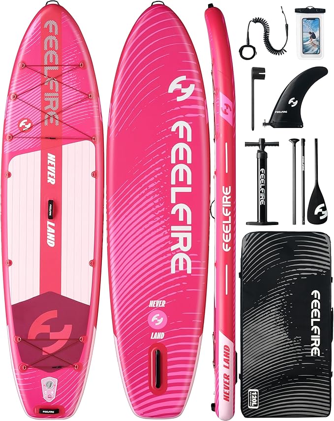 Feelfire11'x34โ Extra Wide Inflatable Paddleboard, Stand-up Paddle Board for Adults, 420lb Capacity for Yoga/Fishing/Family, EVA Deck, US Fin, High-Pressure Pump, Storage Backpack, Safety Leash