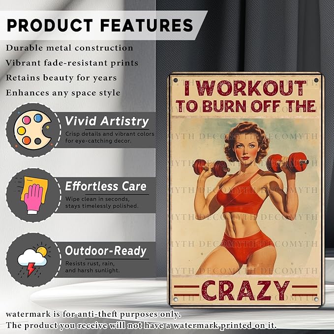 Vintage Girl Gym Tin Sign I Workout to Burn off The Crazy Retro Fitness Wall Decor Nostalgic Art Funny Workout Room Inspirational Metal Poster Store Cafe Pubs Bedroom Bathroom 12 * 8inch