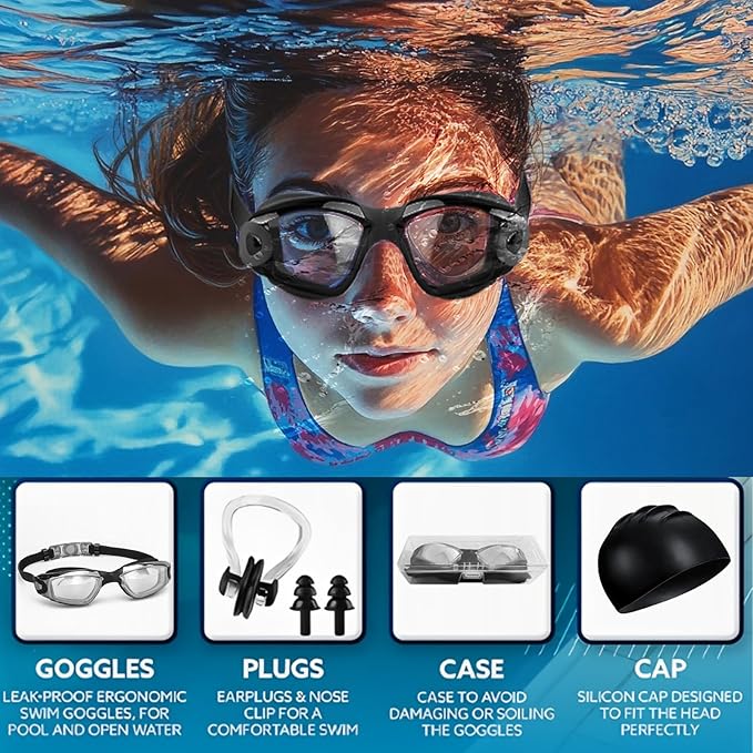 Swim Goggles Swimming Goggles No Leaking with Nose Clip, Earplugs, Swim Cap and Case for Men Women