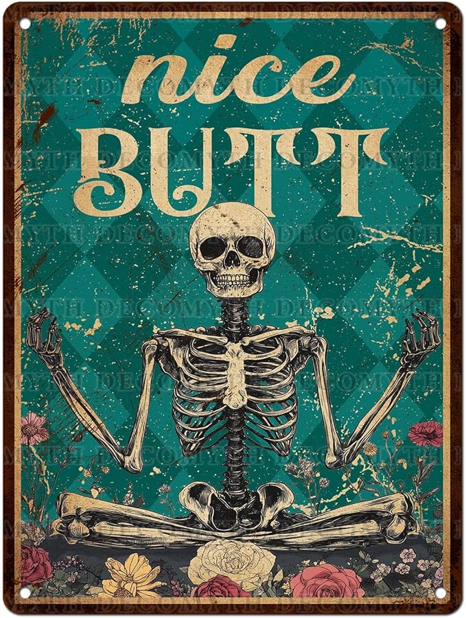 Skeleton Decor Tin Sign Retro Funny Skeleton Metal Sign for Bedroom Cafe Home Coffee Kitchen Bathroom Funny Wall Decor Art 12 * 16inch