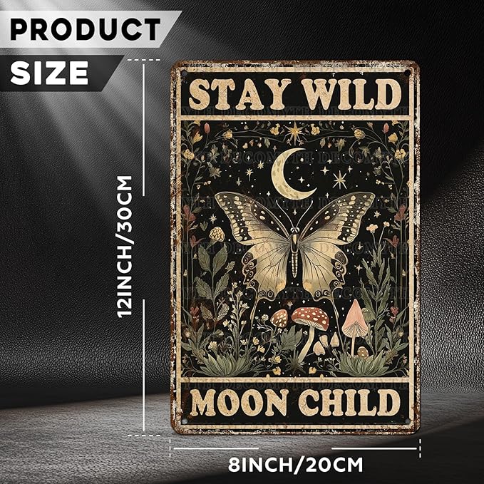 Vintage Tin Sign Butterfly Stay Wild Moon Tin Sign Retro Wall Decor for Home Office Room Wall Decor Poster 12 * 8inch
