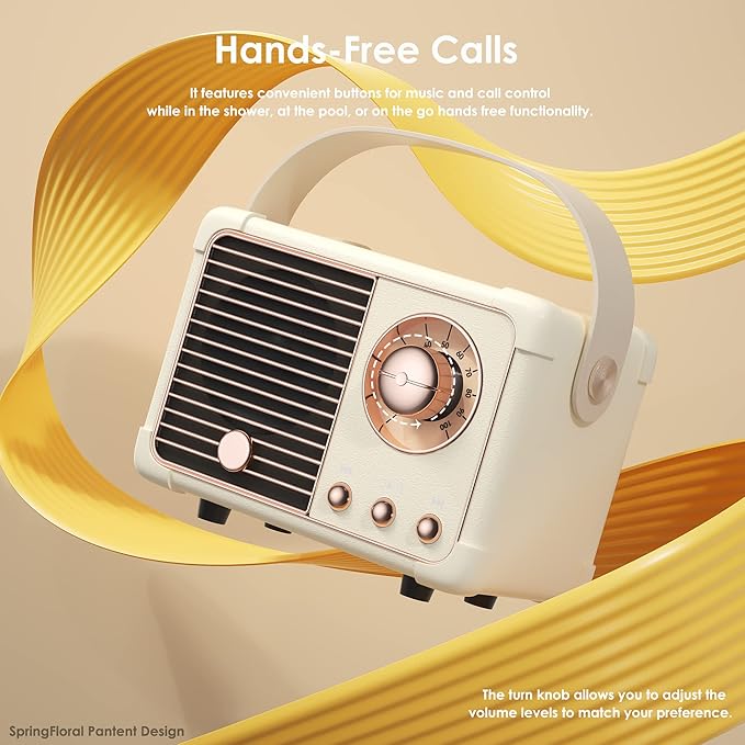 Retro Bluetooth Speaker,Wireless Vintage Small Speaker with Stereo Sound,Hands-free Call,400mA Battery,TF Card, Aux Line,Water-Proof For iOS Android Smartphone Home Office Gift Ideas White