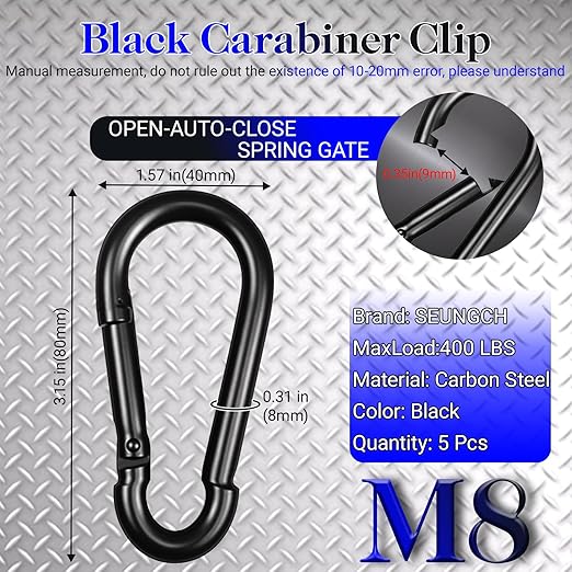 3" Heavy Duty Spring Snap Hook Carabiners, M8 5/16" Galvanized Steel Black Carabiner Clip, Quick Link Keychain for Hammock Swing Set Outdoor Travel Camping Fishing Hiking(5 Pack)
