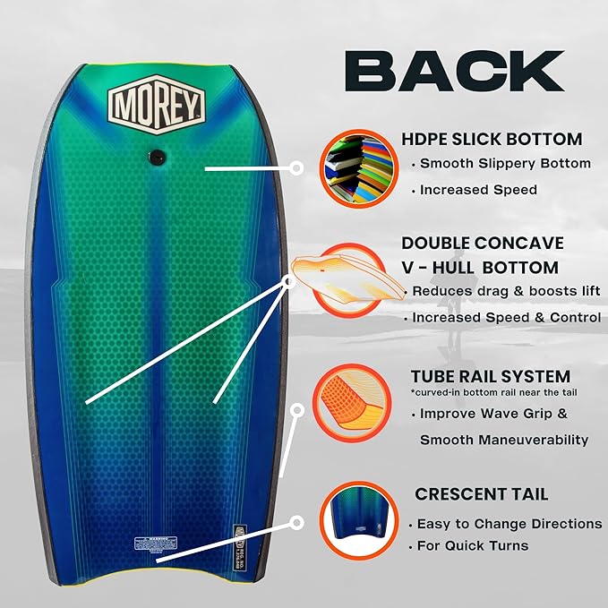 MOREY® Mach 12 MDS, 42.5" Bodyboard. Dynamic Speed Body Boards for Beach, for All Skill Levels, Embedded Fiberglass Stringer, with Coil Leash. Re-Engineered 2025 Model