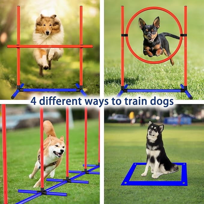 4 Sets Pets Agility Training Equipment, Adjustable Dog Hoop, Dog Jump, Weave Poles and Pause Box,with Independent Packaging(4 Sets)