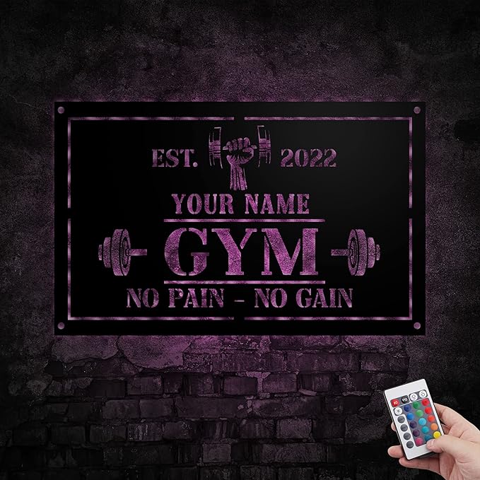 Personalized Home Gym LED Tin Metal Sign Multiple Sizes, Gym Sign Wall Decor, Exercise Workout Room Decor Fitness Center, Motivational Inspirational Hanging Wall Art Wall Plaque (01 w/lights)