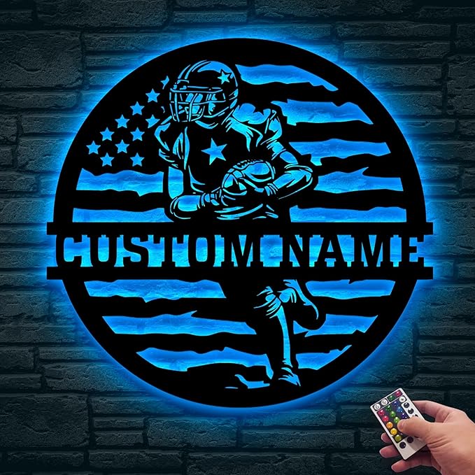 Personalized Football Metal Wall Art LED Light, American Sign, Wall Decor, Birthday Xmas Gift