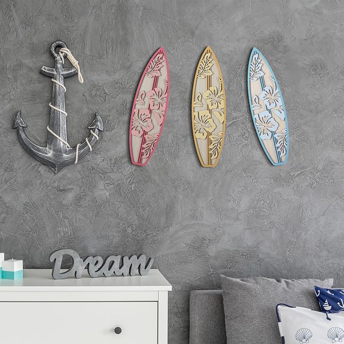 RattanView 3 Pieces Hibiscus Surfboard Decor for Bedroom Wooden Beach Wall Decor Summer Wood Surfboard Wall Hanging Sign for Tropical Living Room Decoration(Yellow, Blue, Pink)