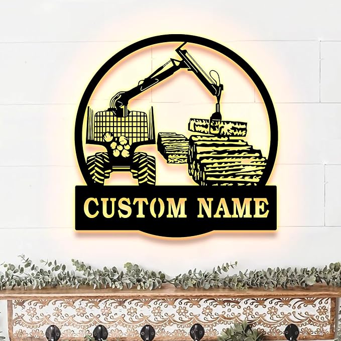 Personalized Logging Lumber Harvester Monogram Metal Sign Art LED Light, Custom Logging Lumber Metal Sign, Wall Art Hanging Home Decor Birthday Xmas Gift
