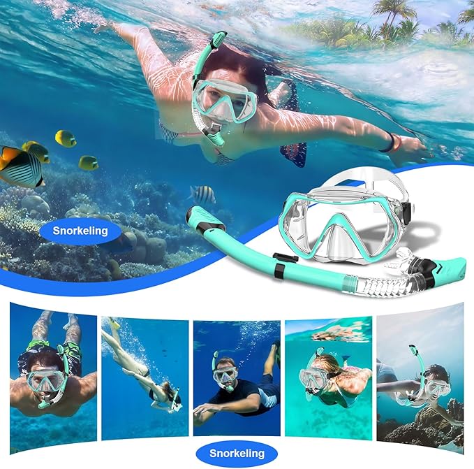 Snorkeling Gear, Dry Snorkel Set180° Panoramic Wide View,Anti-Fog Scuba Diving Mask, Professional Snorkeling Gear for Free Breathing, Swimming, Diving