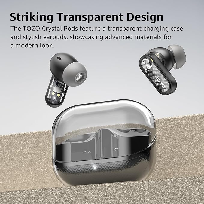 TOZO Crystal Pods Hybrid Active Noise Cancelling Wireless Earbuds, 10mm Drivers Deep Bass Stereo Sound, 4 Mics Smart ENC AI Calls, 32 EQ via App, Bluetooth 5.4 Headphones, Crystal Case Design