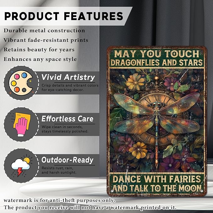 Vintage Dragonfly Tin Sign May You Touch Dragonflies And Stars Dance With Fairies And Talk To The Moon Retro Metal Poster Funny Wall Art Cafe Toilet Farm Room Garden Plaque Outdoor 12 * 8inch
