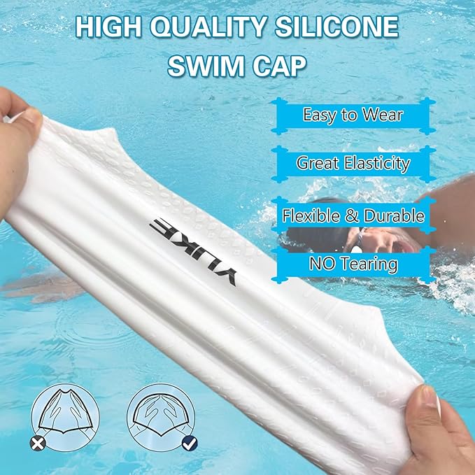 Silicone Swim Cap for Long Hair Adults Women Men, Waterproof Stretchy Swimming Caps, Durable Tear Resistant Bathing Cap