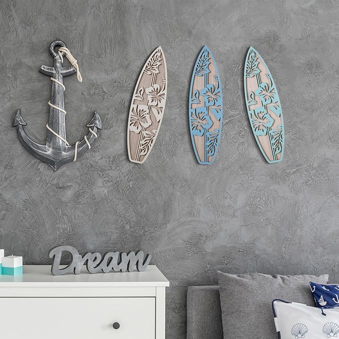 RattanView 3 Pieces Hibiscus Surfboard Decor for Bedroom Wooden Beach Wall Decor Summer Wood Surfboard Wall Hanging Sign for Tropical Living Room Decoration (Blue)