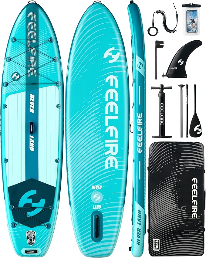 Feelfire11'x34โ Extra Wide Inflatable Paddleboard, Stand-up Paddle Board for Adults, 420lb Capacity for Yoga/Fishing/Family, EVA Deck, US Fin, High-Pressure Pump, Storage Backpack, Safety Leash