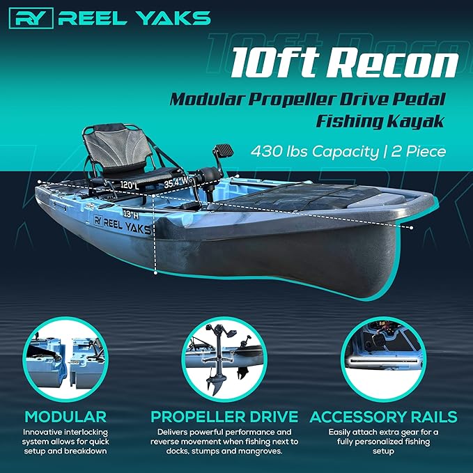 Recon Modular Fishing Kayak - 10ft Lightweight, Sit On Top Kayak for Adults & Youth - Stable & Portable, Ideal Space-Saving Design - 400 lbs Capacity