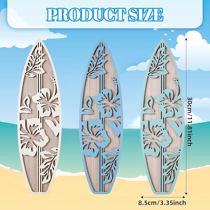 RattanView 3 Pieces Hibiscus Surfboard Decor for Bedroom Wooden Beach Wall Decor Summer Wood Surfboard Wall Hanging Sign for Tropical Living Room Decoration (Blue)