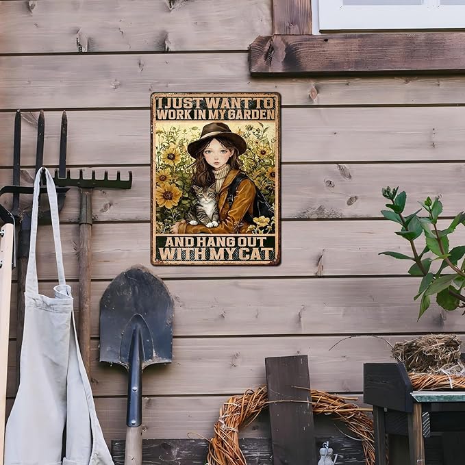 Cat Garden Vintage Tin Sign I Just Want To Work In My Garden and Hang Out With My Cat Retro Metal Tin Sign Sunflower Decor for Home Fence Porch Room Wall Decor Poster 12 * 16inch
