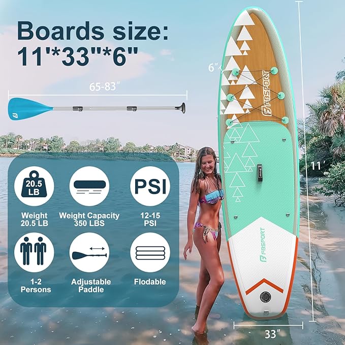 FBSPORT 11' Premium Stand Up Paddle Board, Yoga Board with Durable SUP Accessories & Carry Bag | Wide Stance, Surf Control, Non-Slip Deck, Leash, Paddle and Pump for Youth & Adult