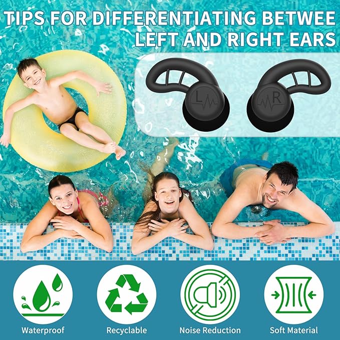 Swimming Ear Plugs for Adults, 4 Pairs Reusable Silicone Waterproof Colorful Swim Earplugs for Swimming Showering Snorkeling Surfing and Water Sports, Water Ear Plugs for Men and Women