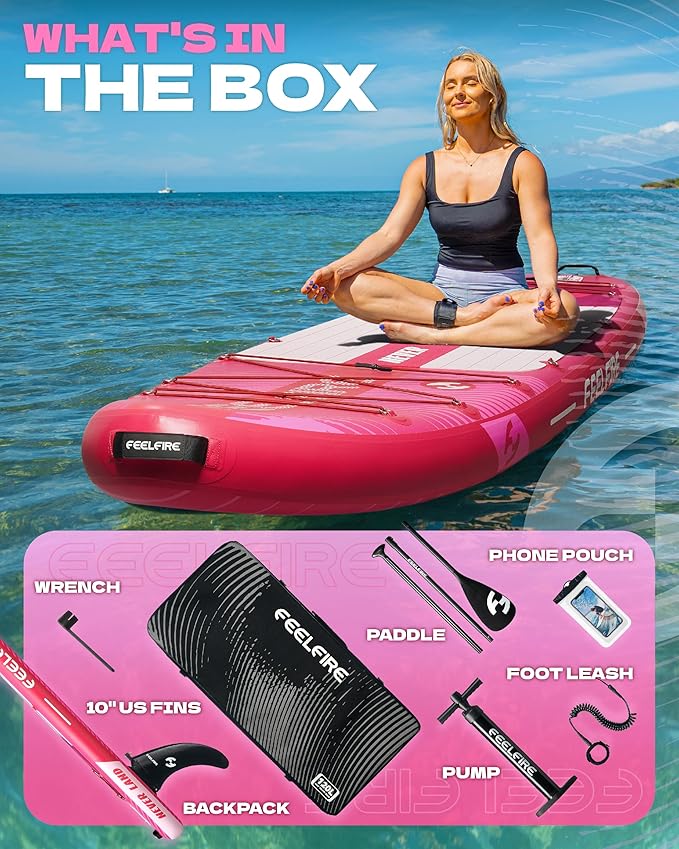 Feelfire11'x34โ Extra Wide Inflatable Paddleboard, Stand-up Paddle Board for Adults, 420lb Capacity for Yoga/Fishing/Family, EVA Deck, US Fin, High-Pressure Pump, Storage Backpack, Safety Leash