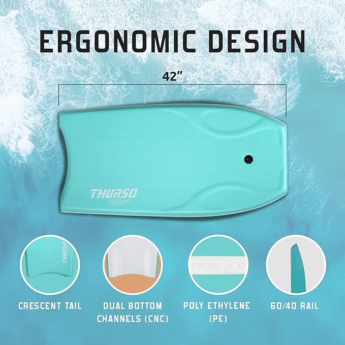 THURSO SURF 42'' Body Boards for Beach Pool Lightweight PE Core IXPE Deck HDPE Bottom FRP Stringers High Performance Body Board with Double Swivel Surf Leash and Bodyboard Bag Lightning