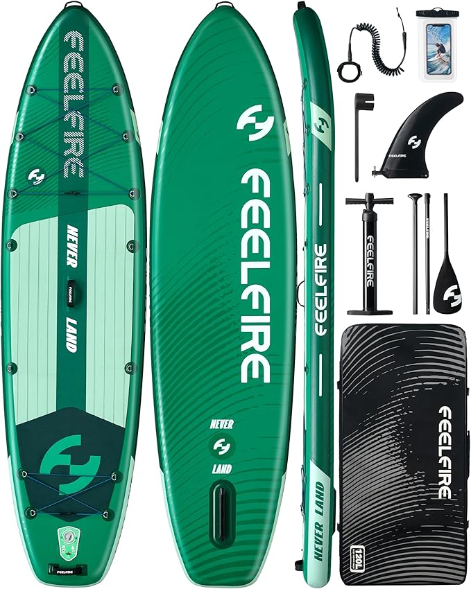 Feelfire11'x34โ Extra Wide Inflatable Paddleboard, Stand-up Paddle Board for Adults, 420lb Capacity for Yoga/Fishing/Family, EVA Deck, US Fin, High-Pressure Pump, Storage Backpack, Safety Leash