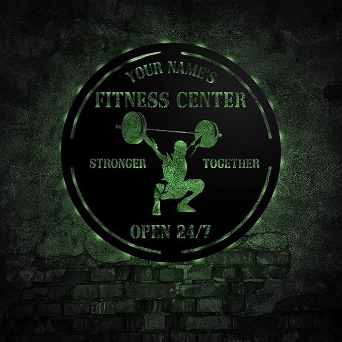 Personalized Home Gym LED Tin Metal Sign Multiple Sizes, Gym Sign Wall Decor, Exercise Workout Room Decor Fitness Center, Motivational Inspirational Hanging Wall Art Wall Plaque (04 w/lights)