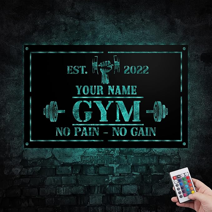 Personalized Home Gym LED Tin Metal Sign Multiple Sizes, Gym Sign Wall Decor, Exercise Workout Room Decor Fitness Center, Motivational Inspirational Hanging Wall Art Wall Plaque (01 w/lights)