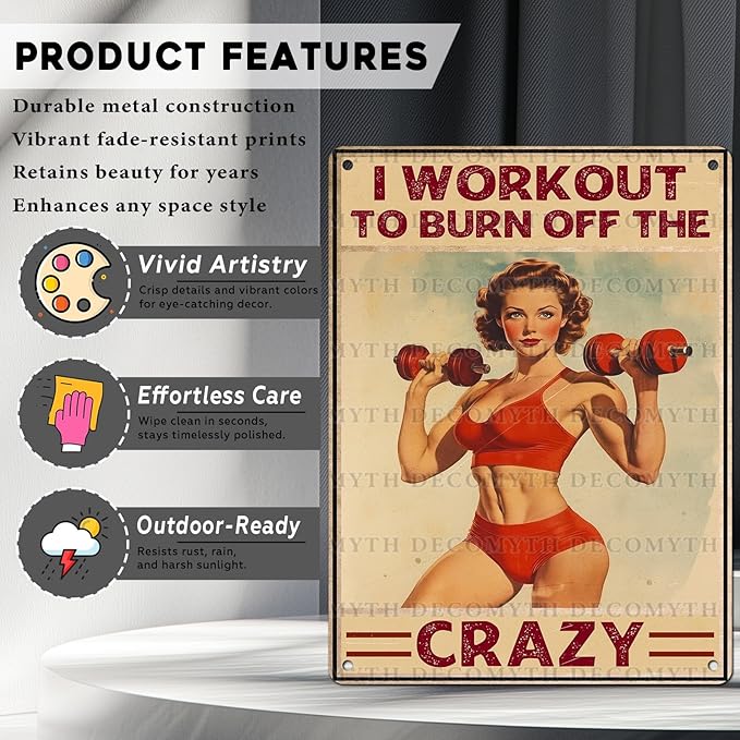 Vintage Girl Gym Tin Sign I Workout to Burn off The Crazy Retro Fitness Wall Decor Nostalgic Art Funny Workout Room Inspirational Metal Poster Store Cafe Pubs Bedroom Bathroom 12 * 16inch