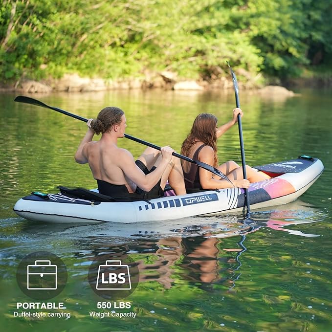 UPWELL 13'6”/11' Inflatable Recreational Kayak - 2 Person with Drop Stitch Floor and Accessories Including Kayak Seats with High Back Support, Paddle, Fin, Repair Kits, Carry Bag and Hand Pump