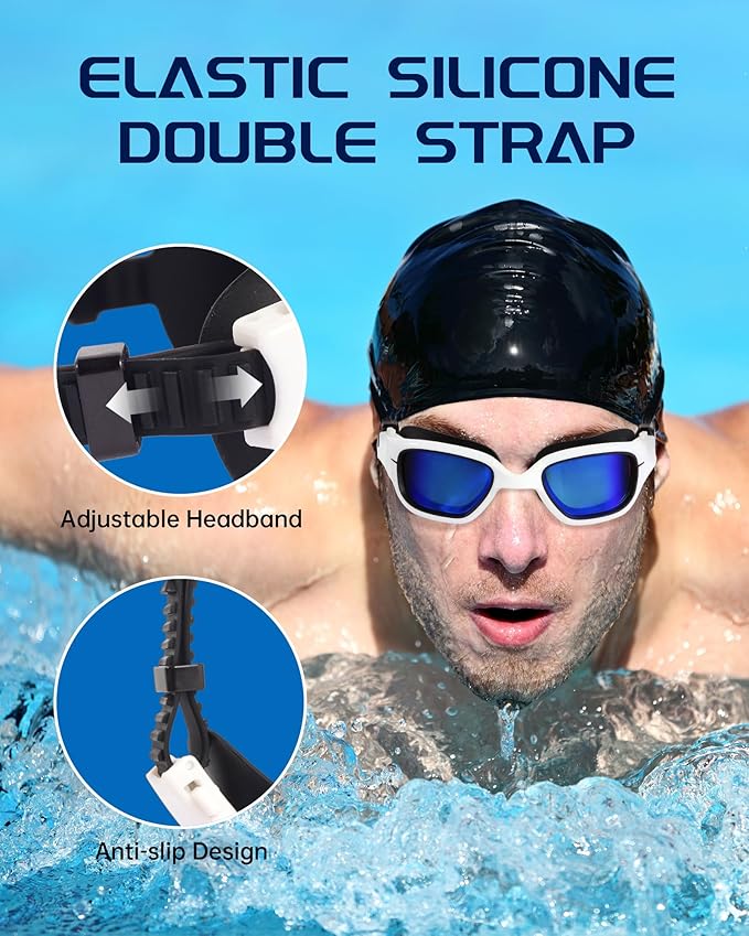 Swim Goggles, Goggles Adult with Swimming Cap, Nose Clip & Ear Plugs, UV Protection Anti-Fog Lens and Case for Adult