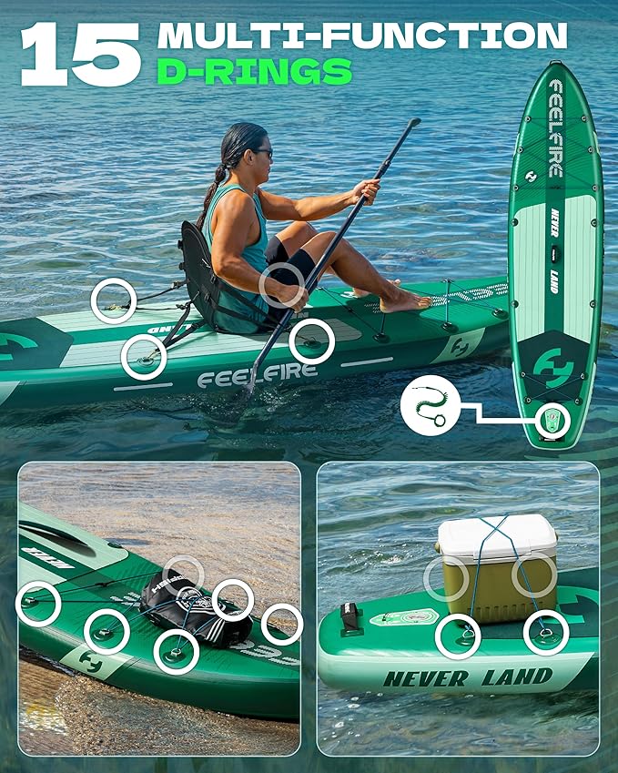 Feelfire11'x34โ Extra Wide Inflatable Paddleboard, Stand-up Paddle Board for Adults, 420lb Capacity for Yoga/Fishing/Family, EVA Deck, US Fin, High-Pressure Pump, Storage Backpack, Safety Leash