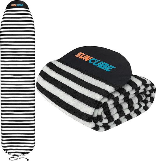 SUN CUBE Surfboard Sock Cover, Protective Surf Bag for Surfing Board, Light Stretchy Surfbag Sleeve for Longboard, Hybrid (8'6'', Black White)