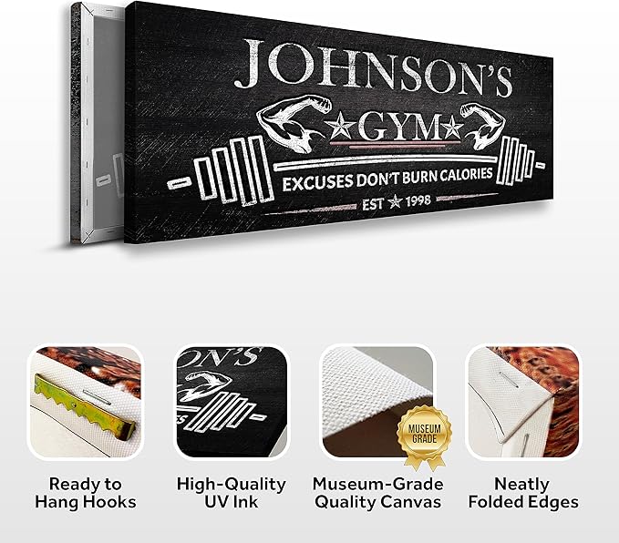 Tailored Canvases Personalized Gym Sign Wall Art Decor - Motivational Canvas for Home Gym, Workout Room, Garage, Fitness Center - Workout Inspirational Posters - Excuses Don't Burn Calories Dark, 36x12in
