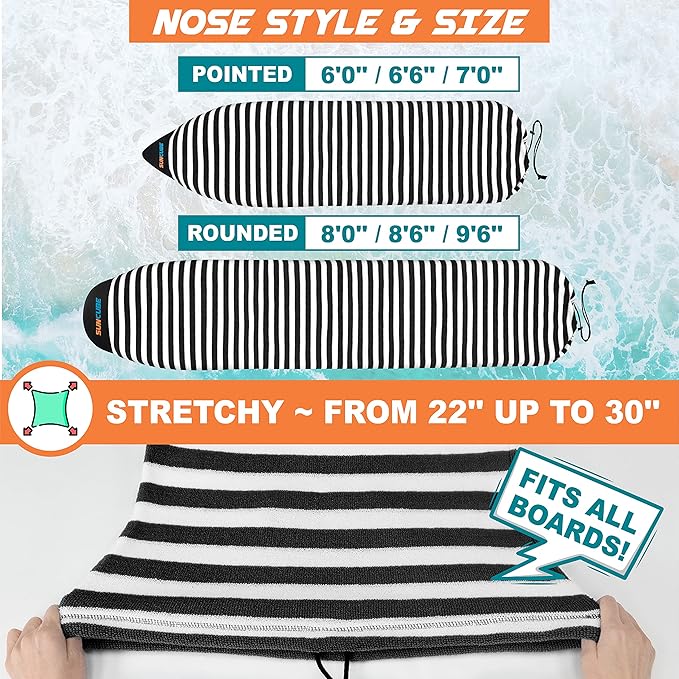 SUN CUBE Surfboard Sock Cover, Protective Surf Bag for Surfing Board, Light Stretchy Surfbag Sleeve for Longboard, Hybrid (8'6'', Black White)