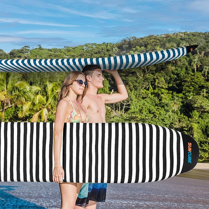SUN CUBE Surfboard Sock Cover, Protective Surf Bag for Surfing Board, Light Stretchy Surfbag Sleeve for Longboard, Hybrid (8'6'', Black White)