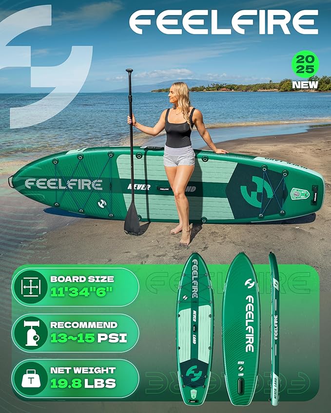 Feelfire11'x34โ Extra Wide Inflatable Paddleboard, Stand-up Paddle Board for Adults, 420lb Capacity for Yoga/Fishing/Family, EVA Deck, US Fin, High-Pressure Pump, Storage Backpack, Safety Leash