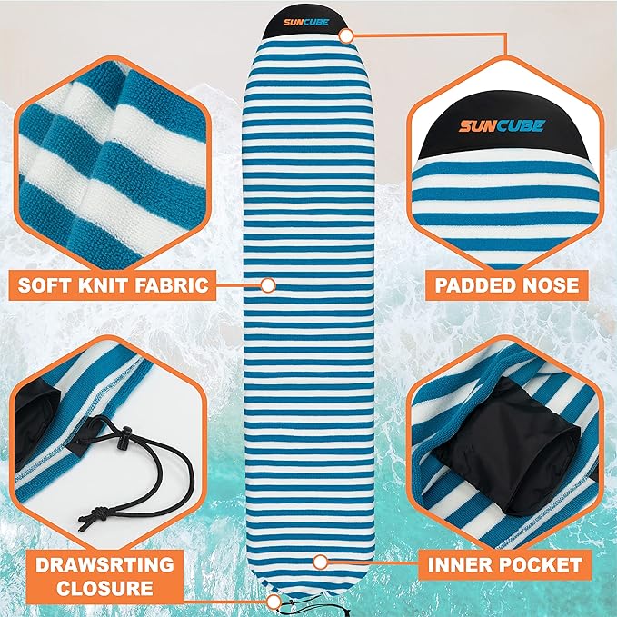 SUN CUBE Surfboard Sock Cover, Protective Surf Bag for Surfing Board, Light Stretchy Surfbag Sleeve for Longboard, Hybrid (8'6'', Black White)