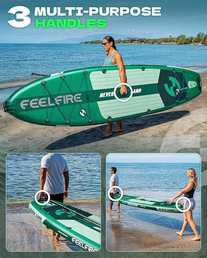 Feelfire11'x34โ Extra Wide Inflatable Paddleboard, Stand-up Paddle Board for Adults, 420lb Capacity for Yoga/Fishing/Family, EVA Deck, US Fin, High-Pressure Pump, Storage Backpack, Safety Leash